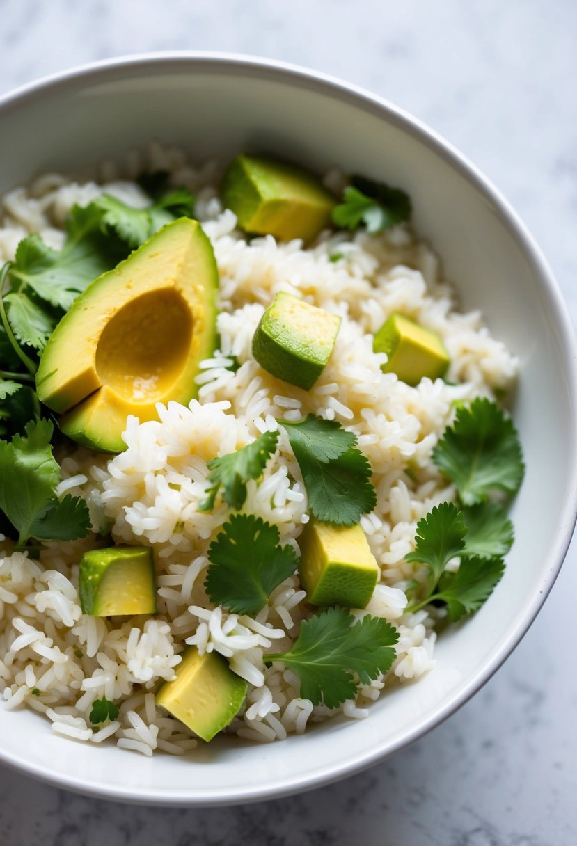 A bowl of fluffy white rice mixed with chunks of ripe avocado and fresh cilantro leaves, creating a vibrant and healthy dish