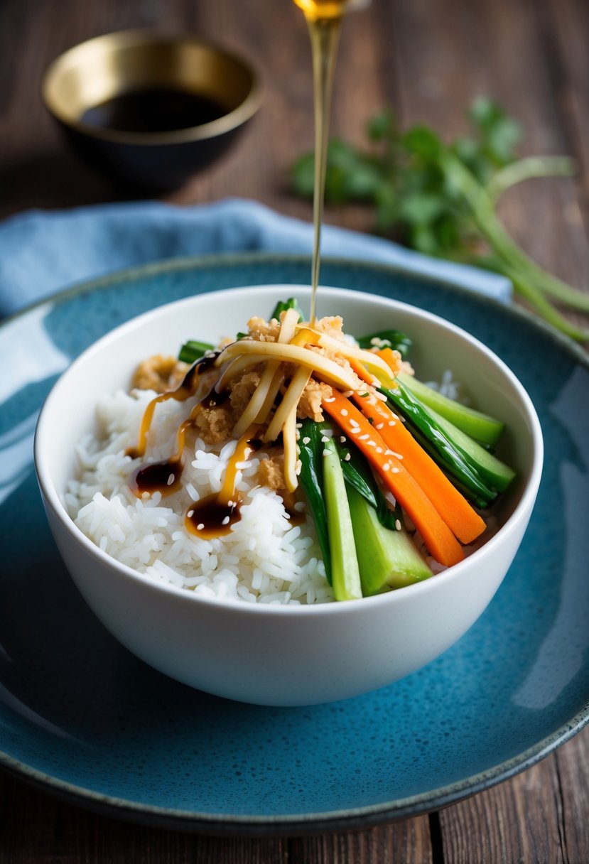 A white ceramic bowl filled with fluffy white rice, topped with colorful vegetables and drizzled with ginger soy sauce