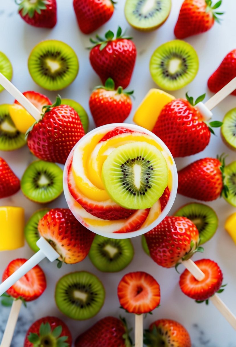 A colorful array of fresh strawberries and kiwis being blended together to create a vibrant swirl pattern for fruit popsicles