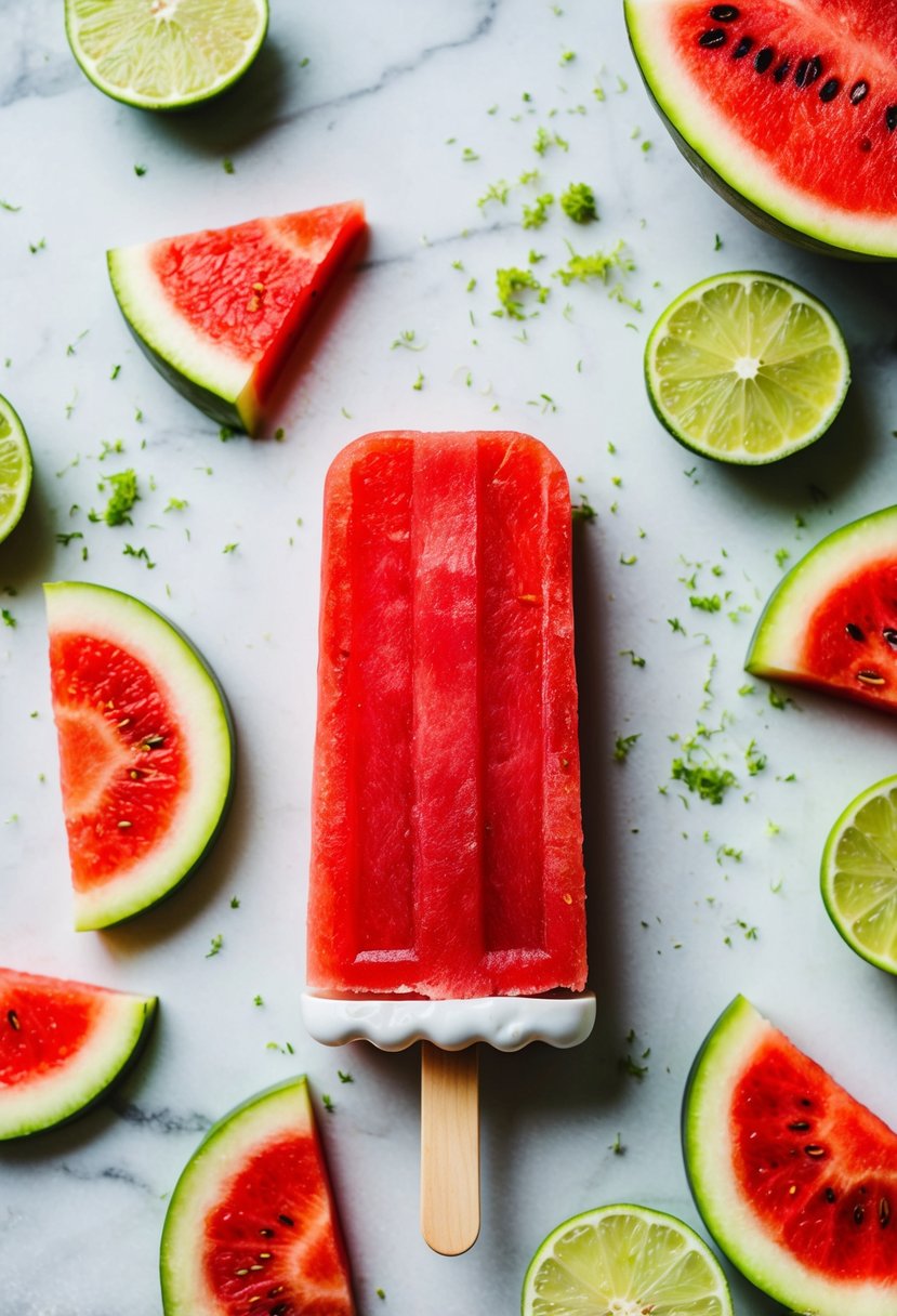 A watermelon and lime popsicle on a wooden stick, surrounded by sliced fruit and a scattering of lime zest