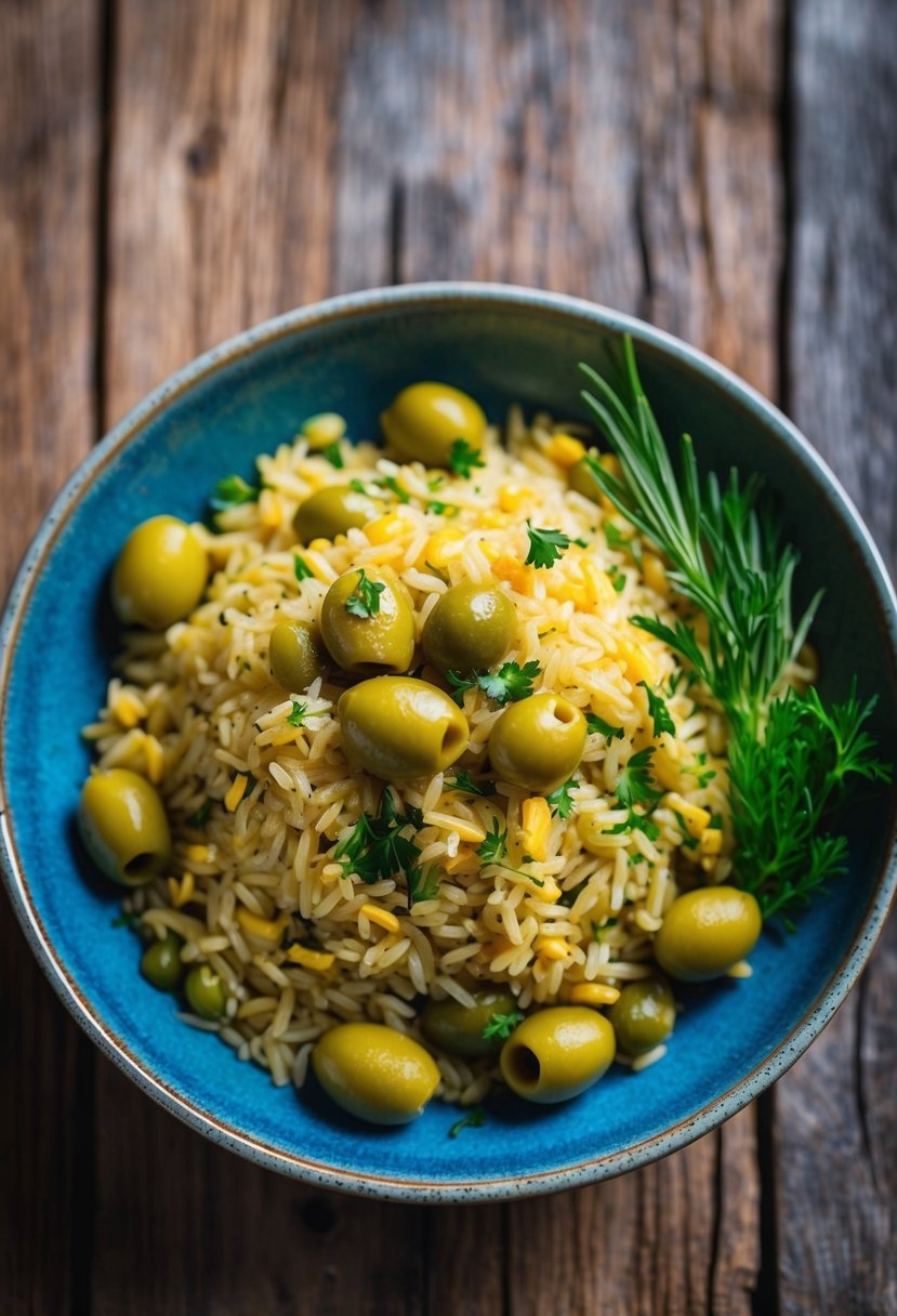 A colorful bowl of Mediterranean rice, mixed with vibrant green olives and fresh herbs, sits on a rustic wooden table