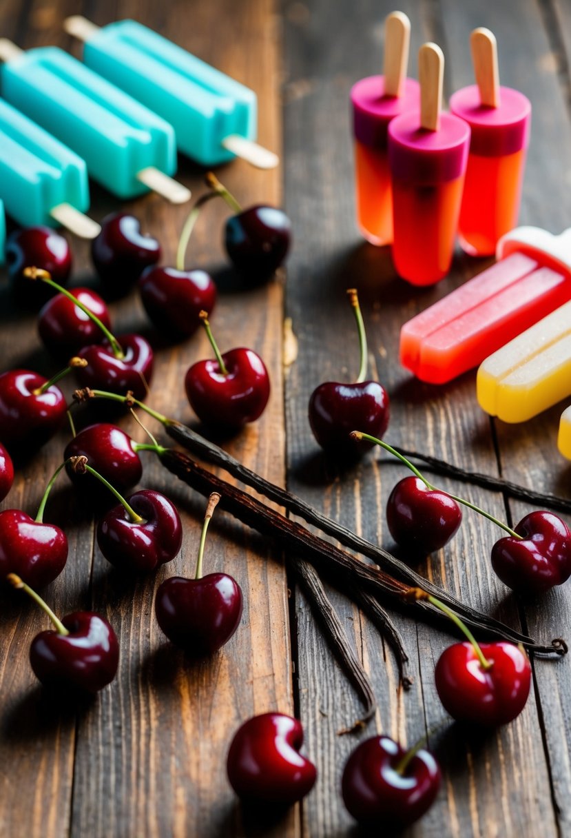 A colorful array of cherries, vanilla beans, and popsicle molds on a wooden table