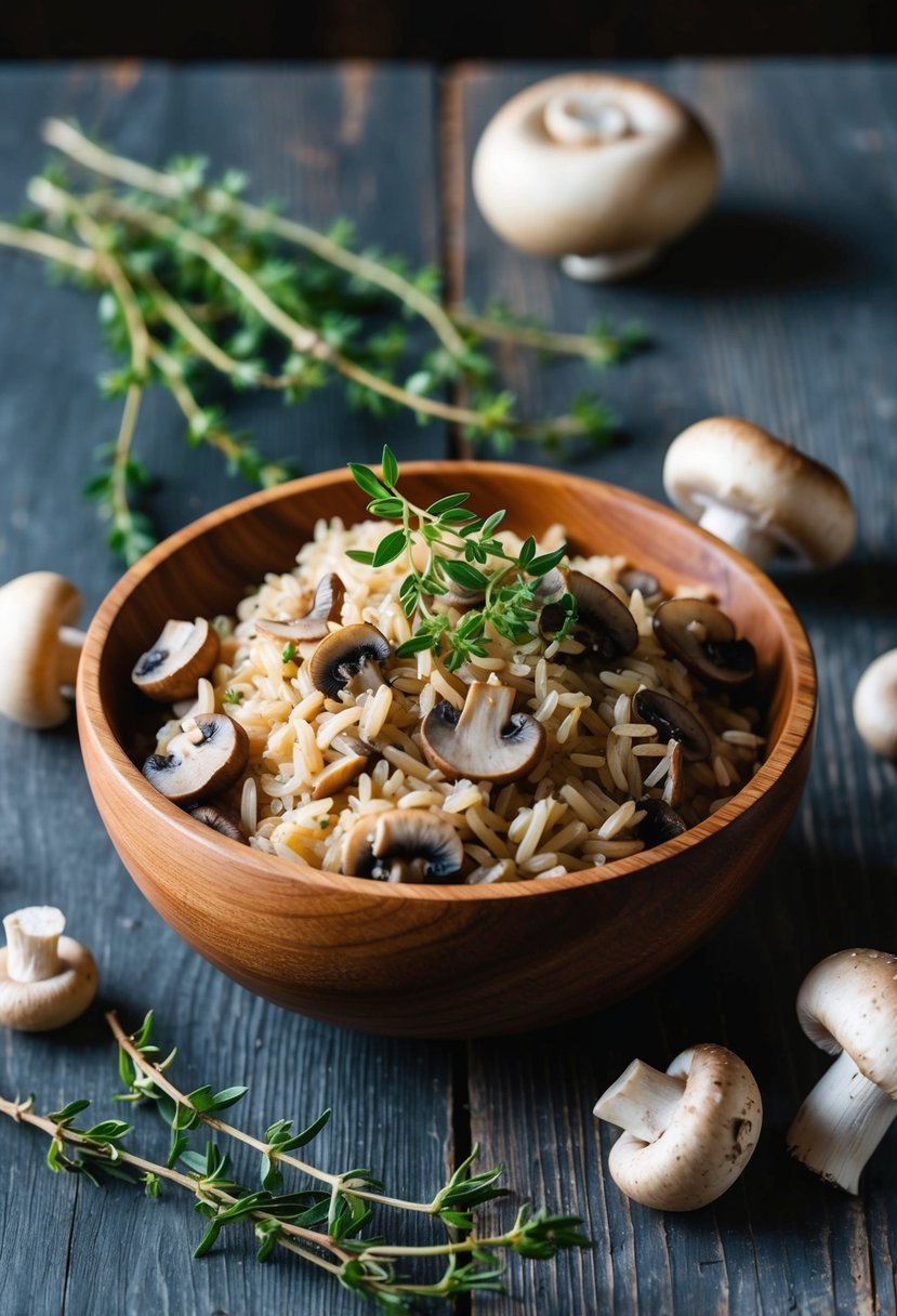 A wooden bowl filled with mushroom and thyme rice, surrounded by fresh thyme sprigs and whole mushrooms on a rustic table