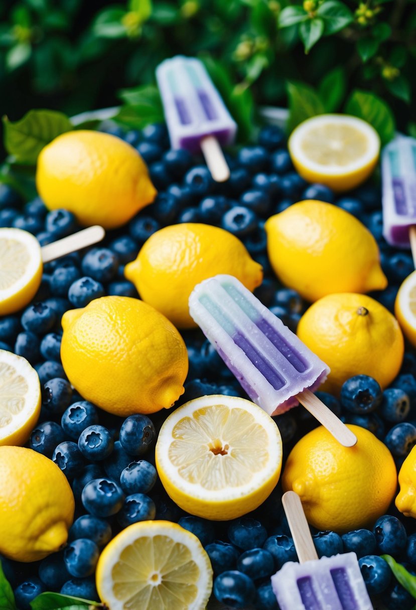 A vibrant array of fresh lemons and blueberries, surrounded by a scattering of ice pops, set against a backdrop of lush greenery