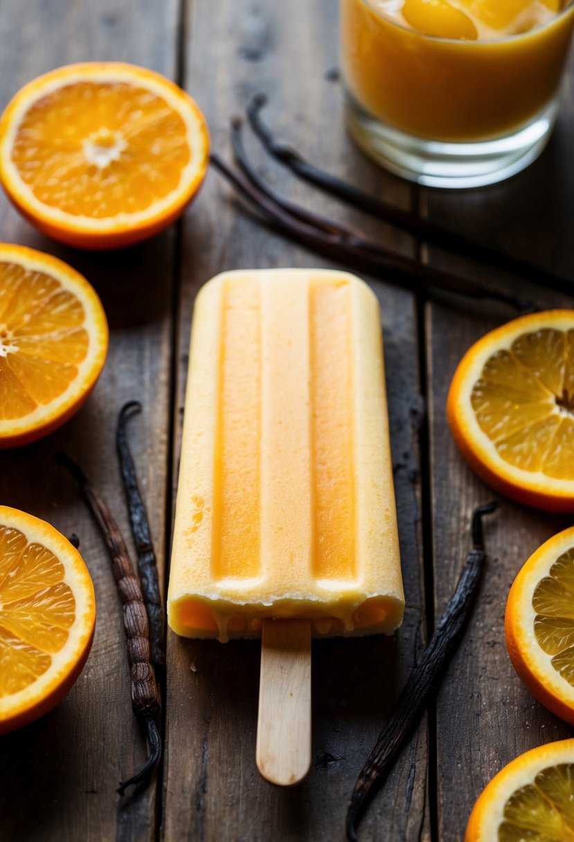 A vibrant orange creamsicle popsicle surrounded by sliced oranges and vanilla beans on a rustic wooden table