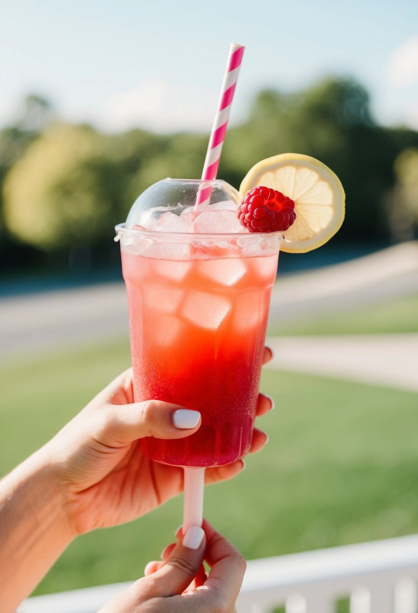 A refreshing raspberry lemonade pop being held against a sunny backdrop