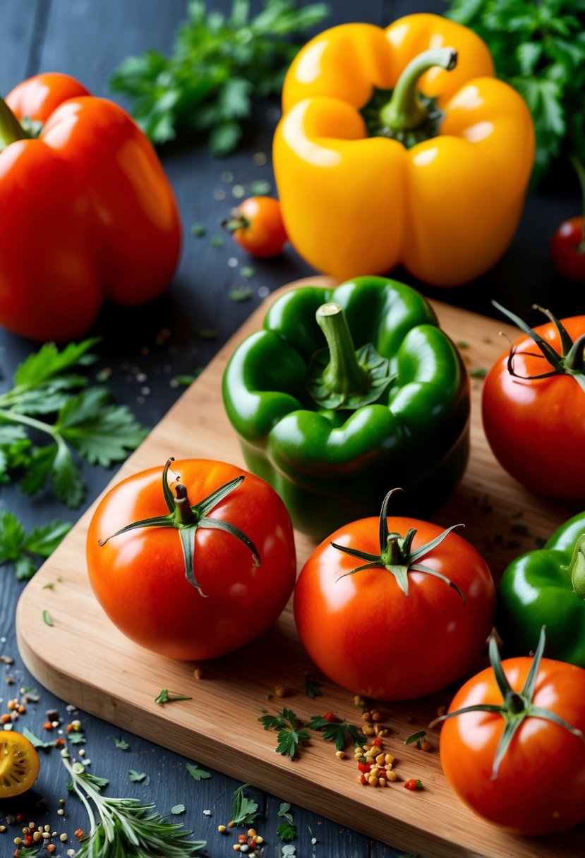 Fresh peppers and tomatoes arranged on a wooden cutting board, surrounded by scattered herbs and spices