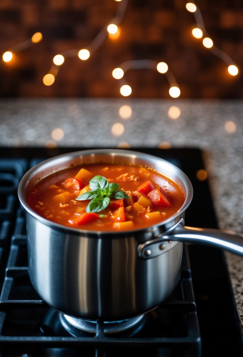 A pot of simmering roasted red pepper and tomato soup on a stovetop