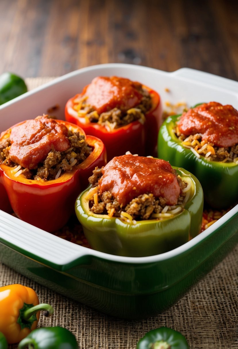 Fresh red and green bell peppers stuffed with seasoned ground meat and rice, topped with a rich tomato sauce in a baking dish