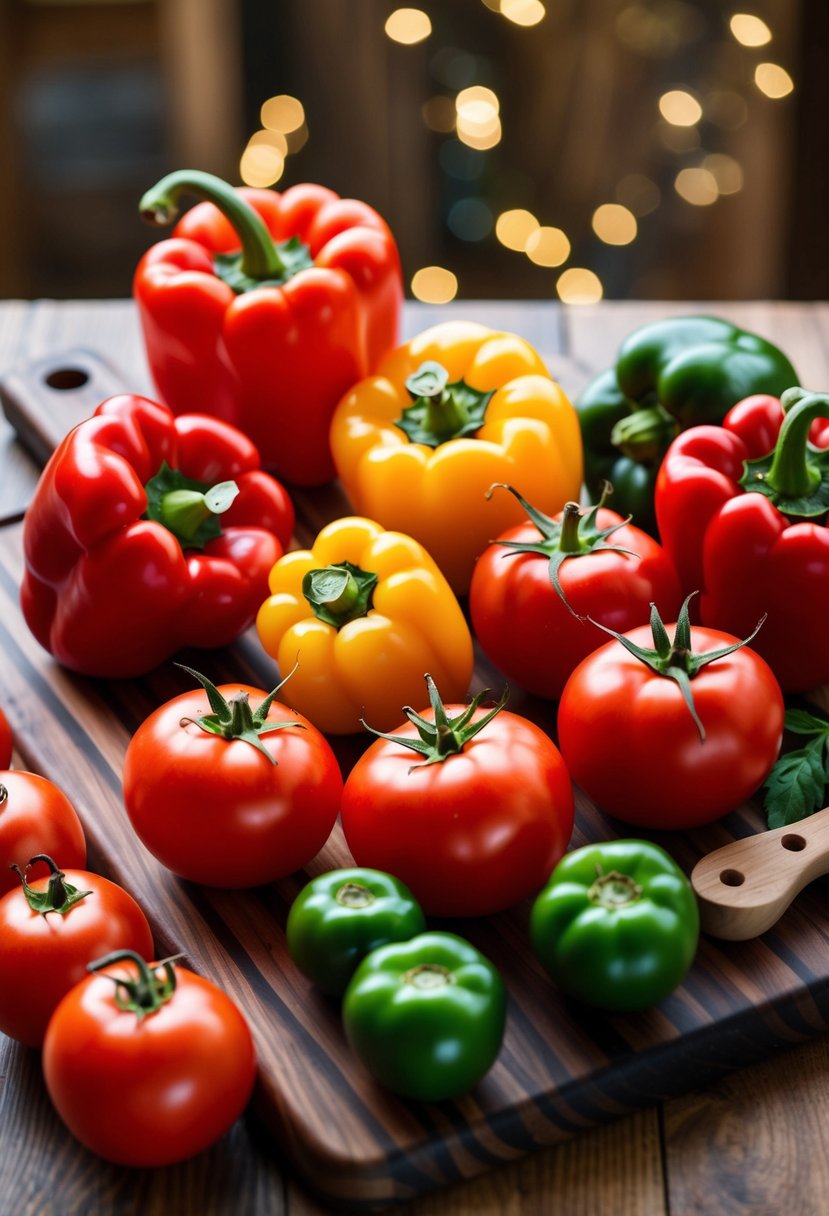 A colorful array of ripe red peppers and tomatoes, arranged on a wooden cutting board