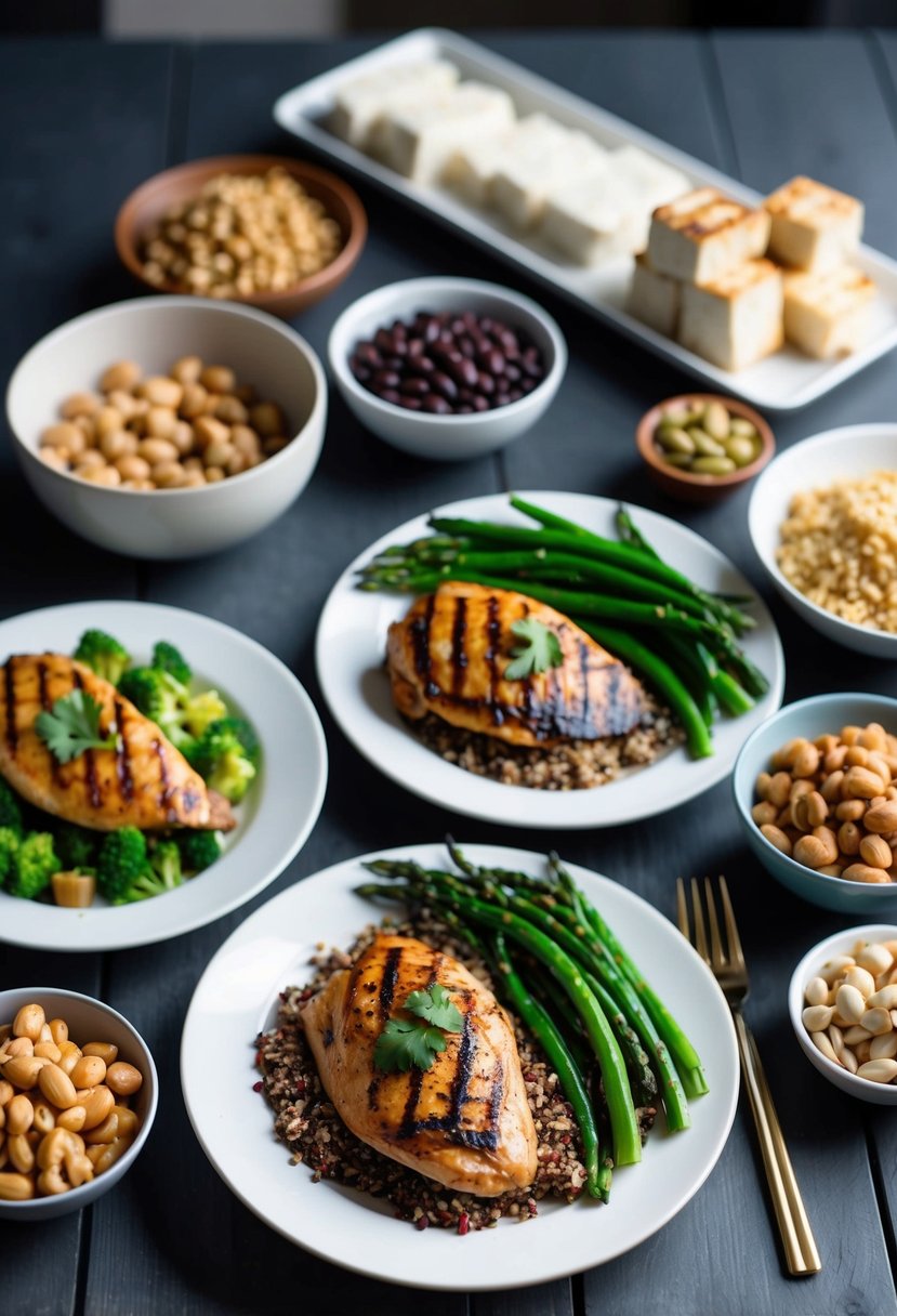 A table set with grilled chicken, quinoa, and steamed vegetables, surrounded by bowls of nuts, beans, and tofu