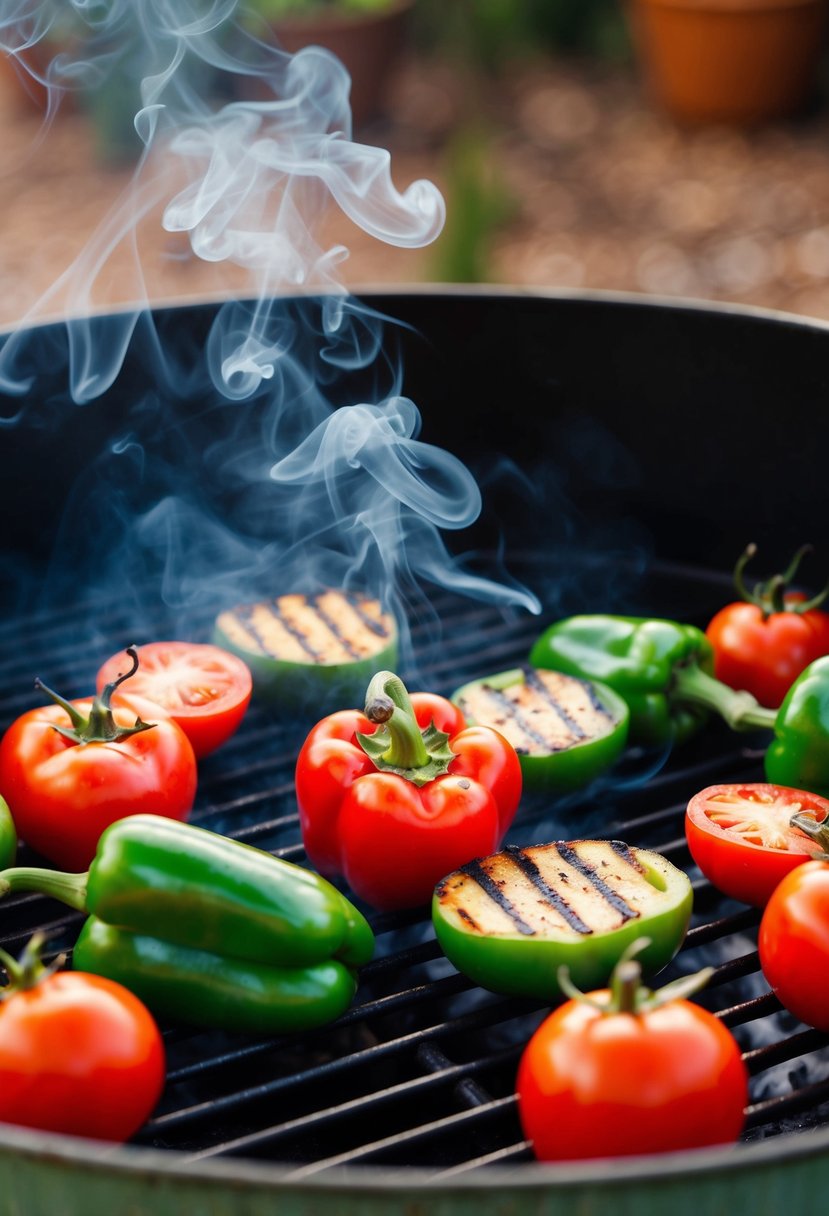 Vibrant red and green peppers and tomatoes sizzling on a hot grill, with wisps of smoke rising and the aroma of charred vegetables filling the air