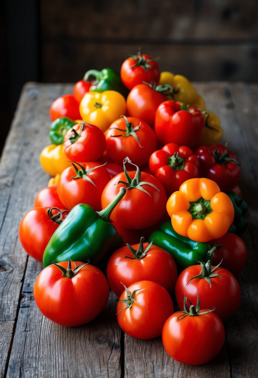 A vibrant array of ripe red tomatoes and fiery red and green peppers piled on a rustic wooden table