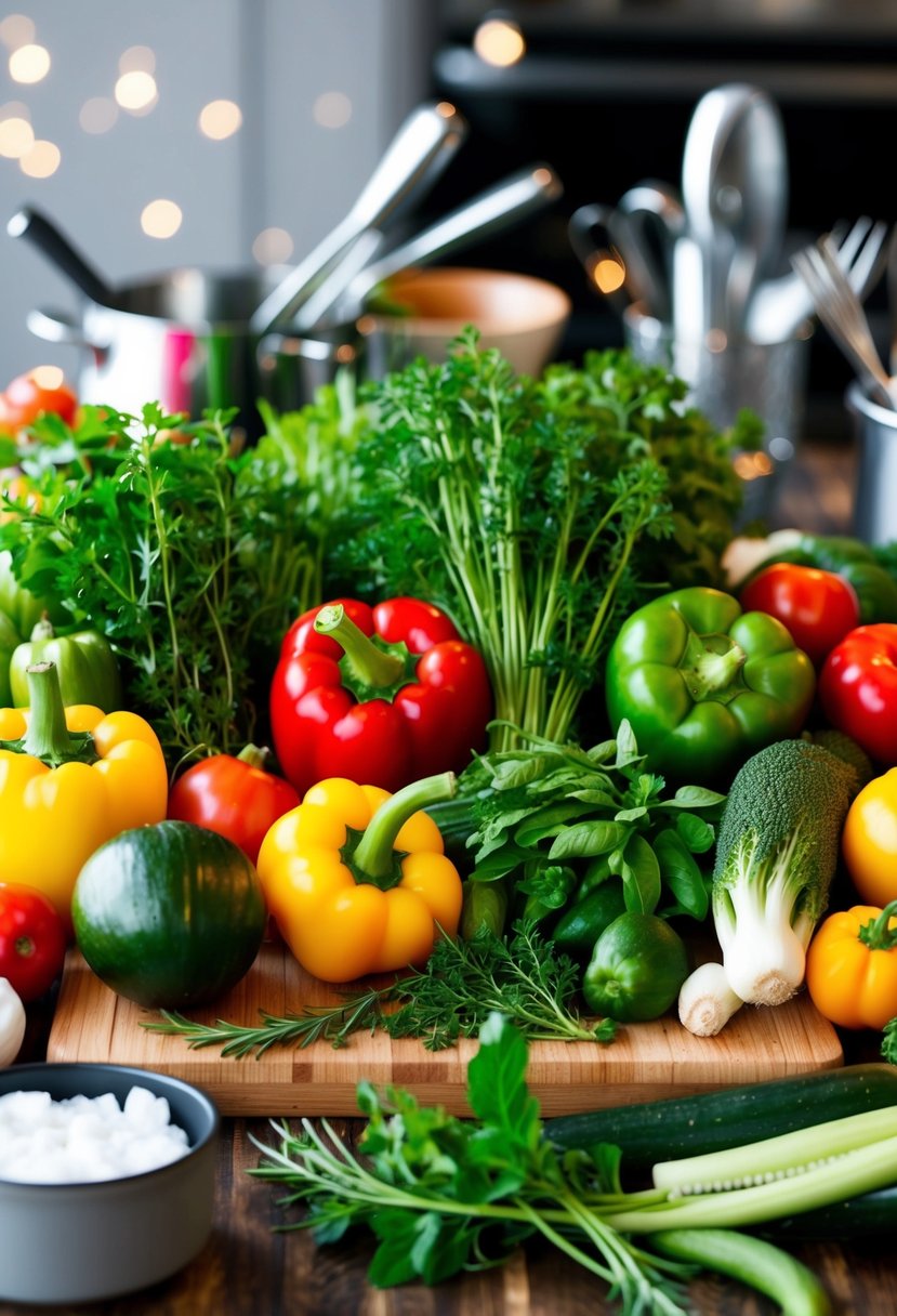 A colorful array of fresh vegetables and herbs arranged on a wooden cutting board, surrounded by kitchen utensils and cookware