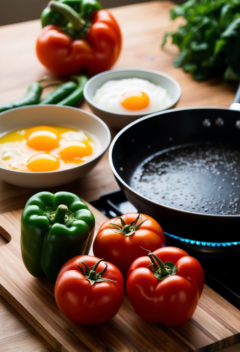 Fresh bell peppers and ripe tomatoes sit on a wooden cutting board, next to a bowl of beaten eggs and a sizzling skillet on the stove