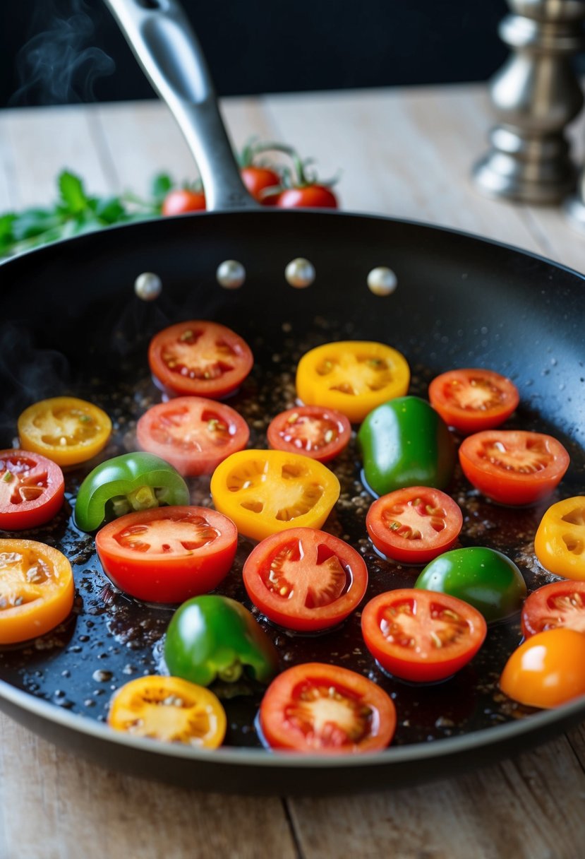 A sizzling pan with colorful slices of peppers and tomatoes frying together