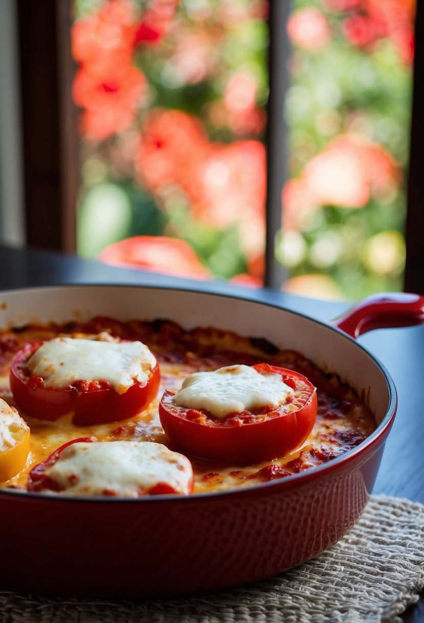 Tomatoes and peppers baking in a dish, topped with melted cheese