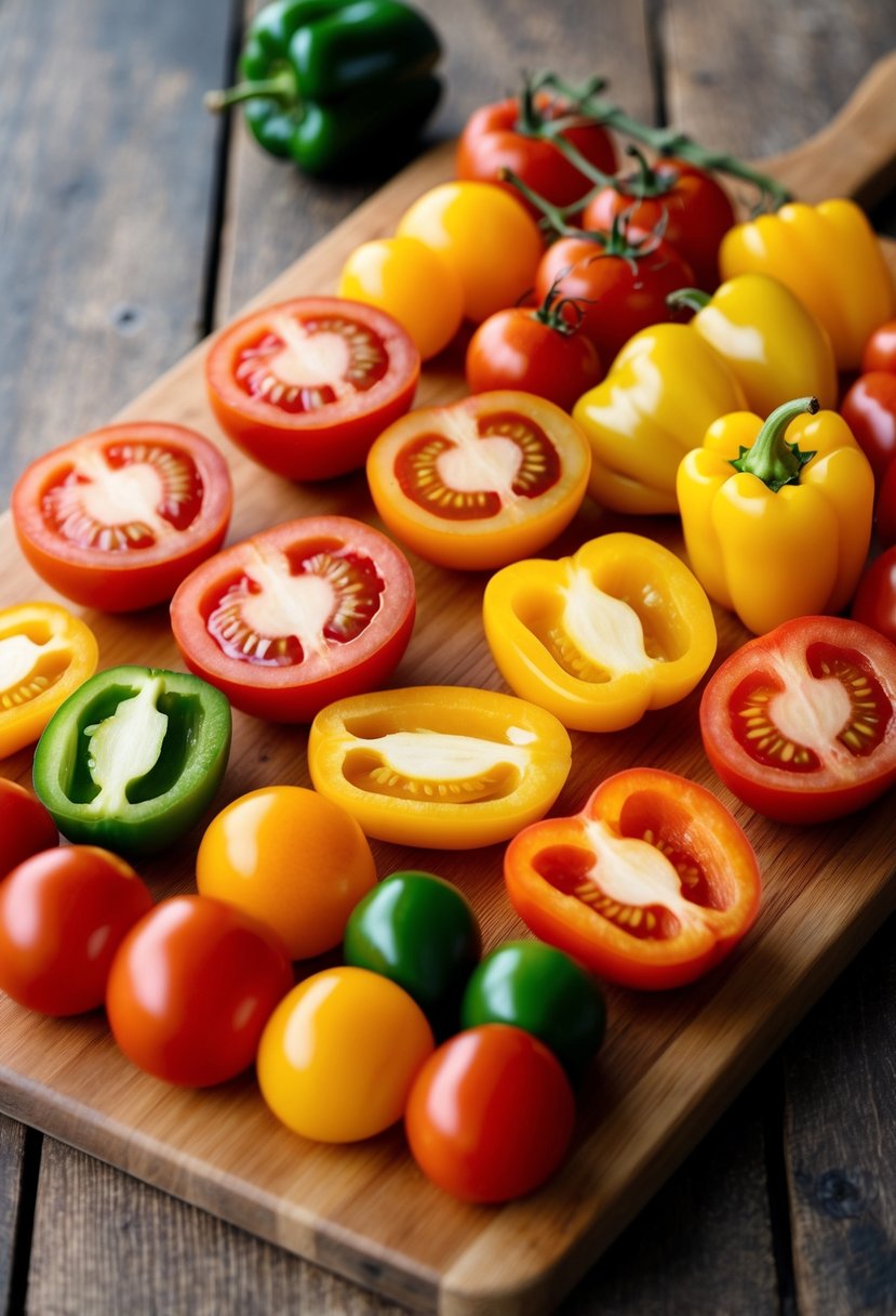 A colorful array of sliced tomatoes and bell peppers arranged on a wooden cutting board