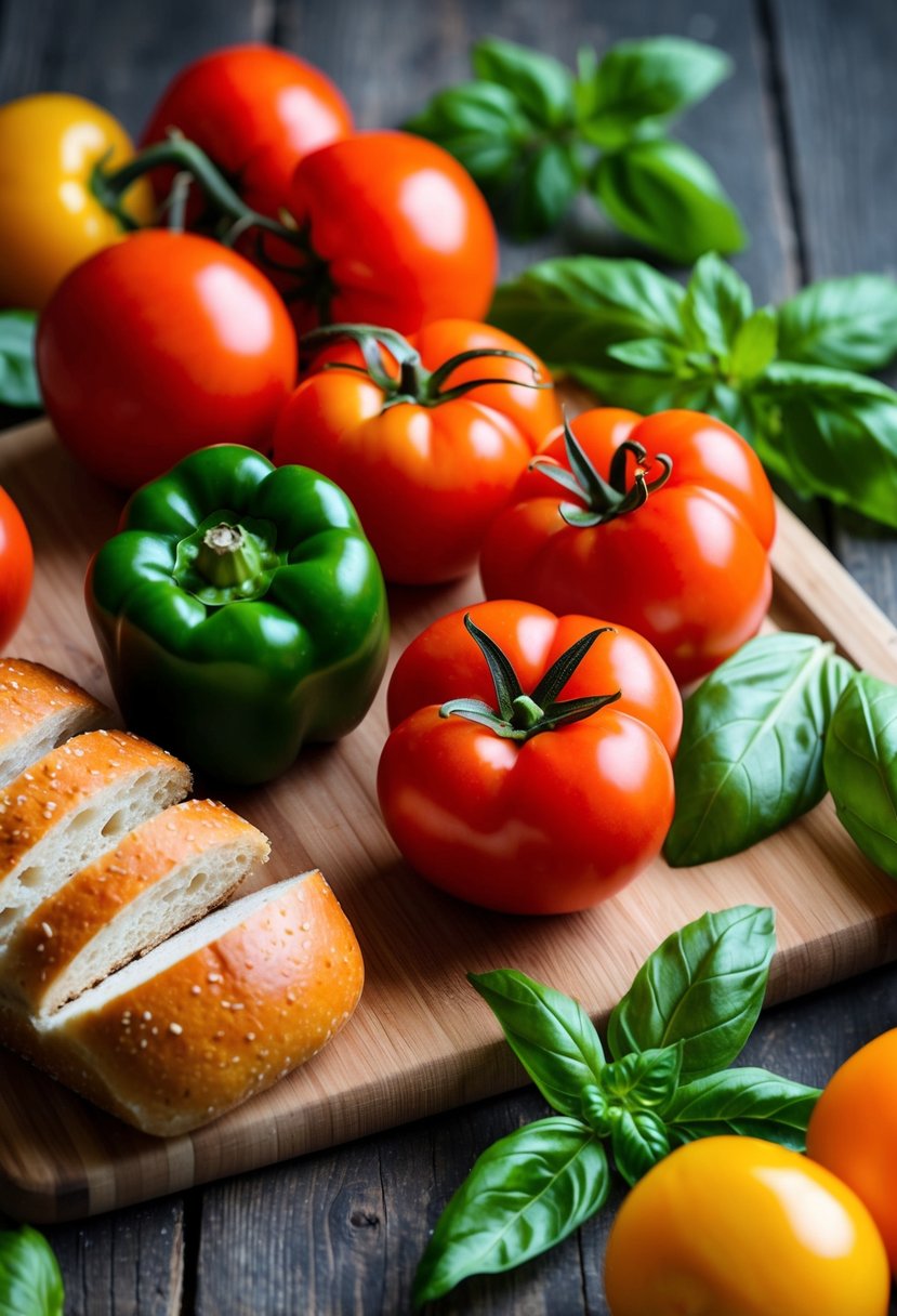 Fresh peppers and tomatoes on a wooden cutting board, surrounded by basil leaves and a loaf of bread