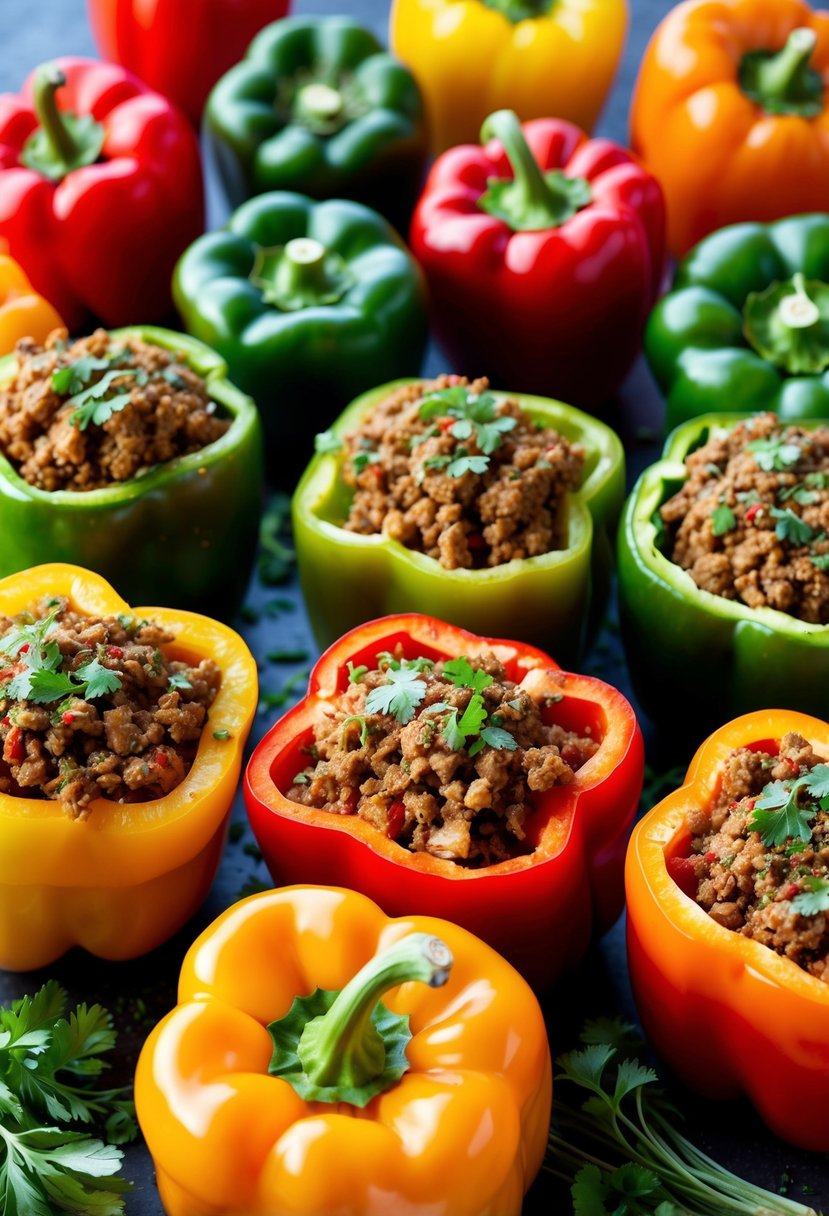 A colorful array of bell peppers stuffed with seasoned ground turkey, surrounded by fresh herbs and spices