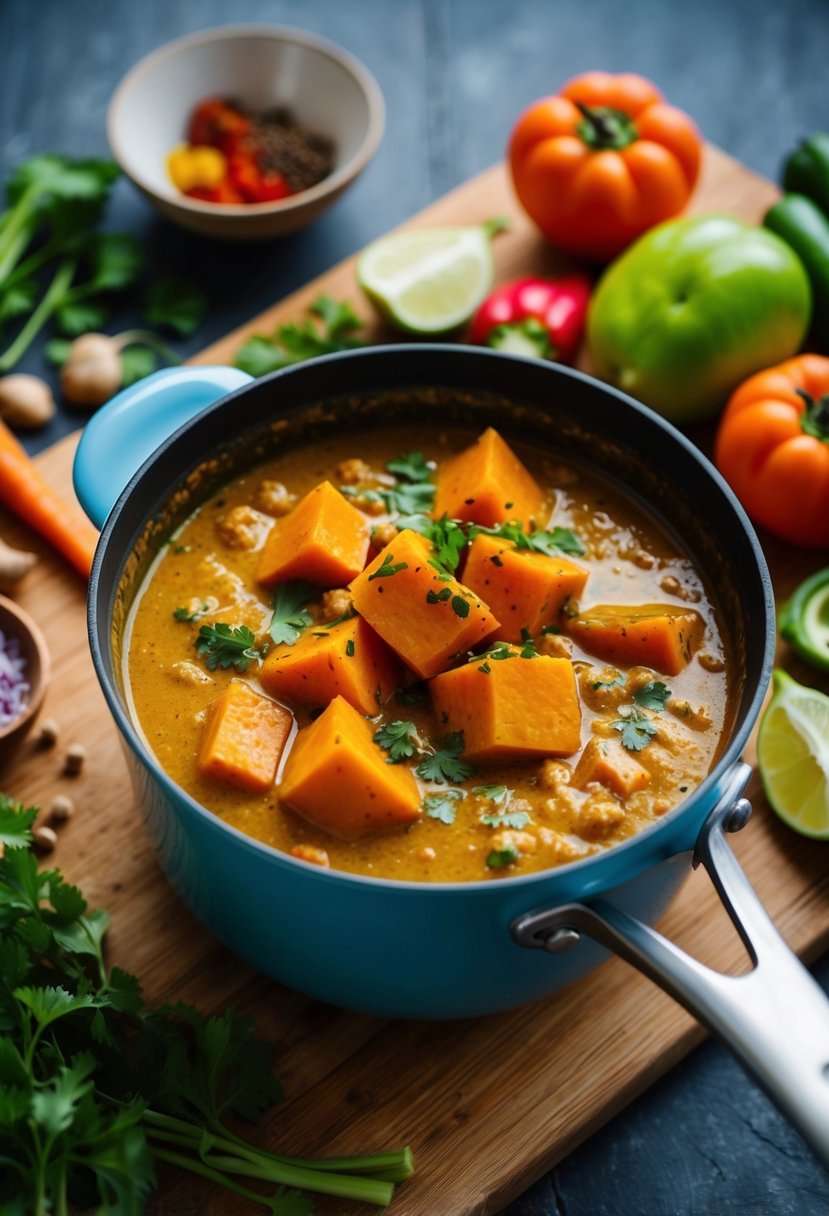 A bubbling pot of sweet potato curry surrounded by colorful spices and fresh vegetables on a wooden cutting board