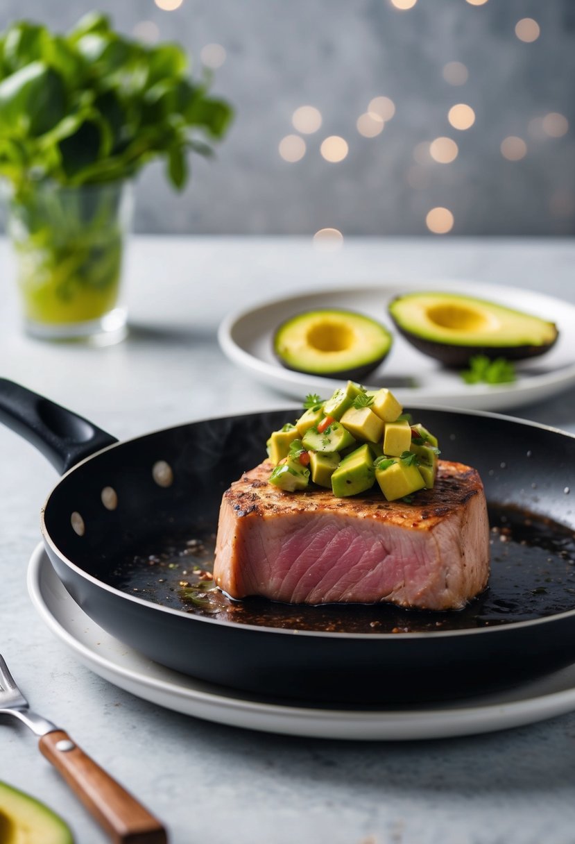 A sizzling tuna steak in a hot pan, topped with vibrant avocado salsa on a white plate