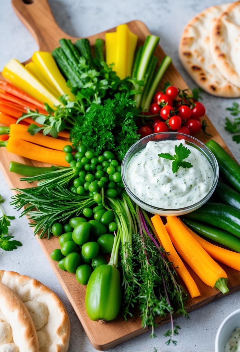 A colorful array of fresh vegetables and herbs arranged on a wooden cutting board, surrounded by pita bread and a dollop of tzatziki sauce