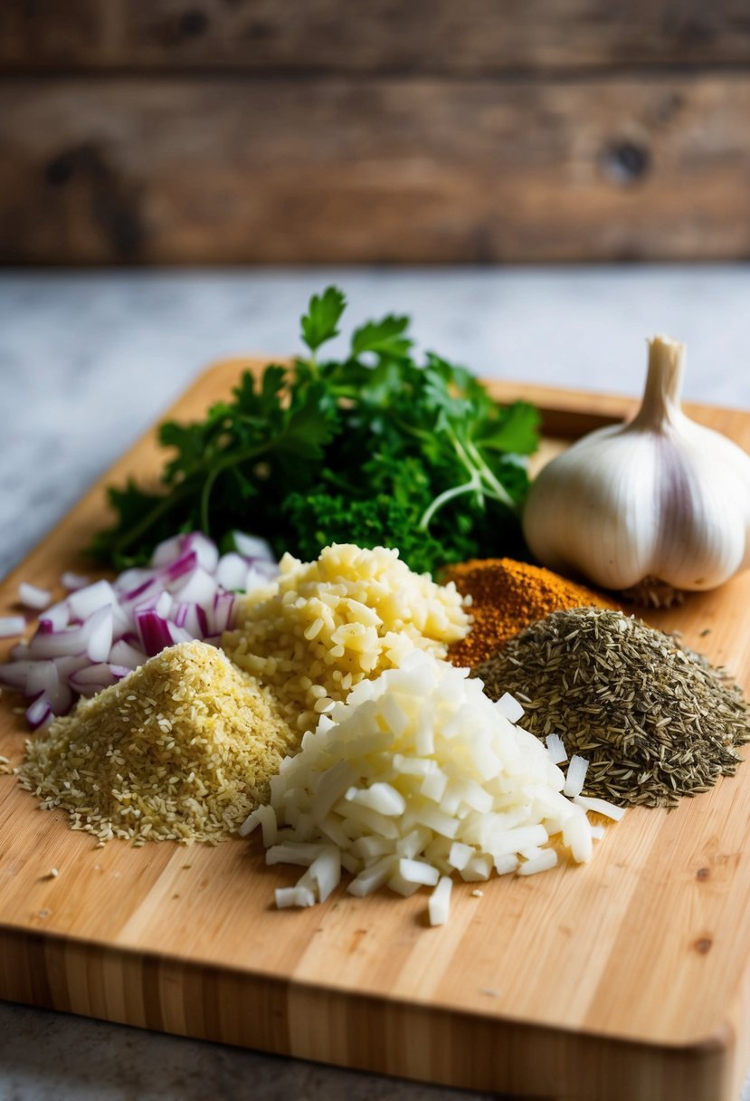 A wooden cutting board with assorted minced ingredients - garlic, onions, herbs, and spices - arranged in a neat pile