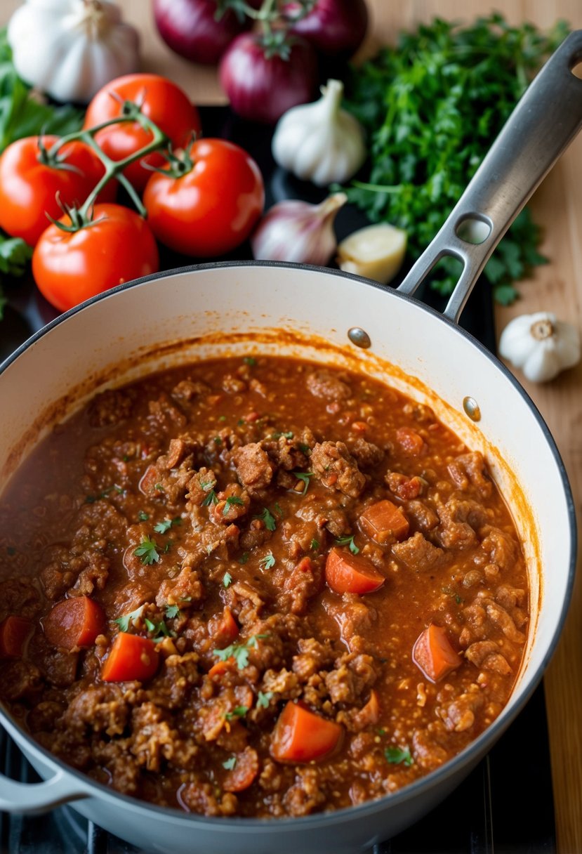 A bubbling pot of beef Bolognese sauce simmers on a stovetop, surrounded by fresh ingredients like tomatoes, onions, garlic, and herbs