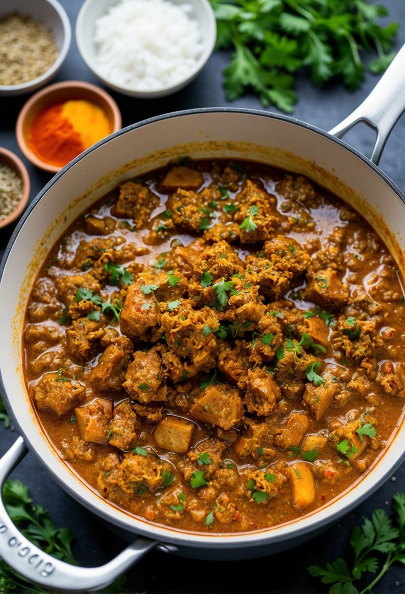 A bubbling pot of spicy minced lamb curry, surrounded by vibrant spices and herbs