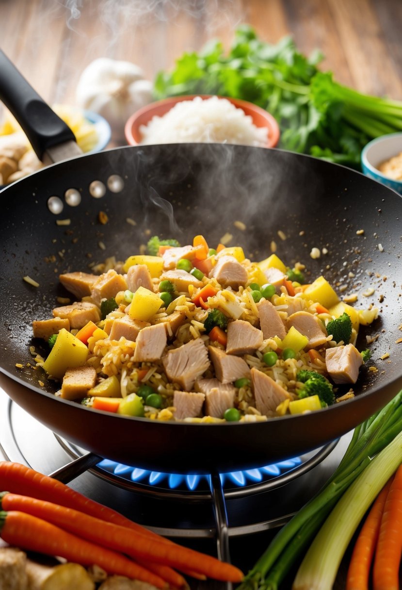 A sizzling wok with diced turkey, ginger, and garlic, surrounded by colorful vegetables and steaming rice