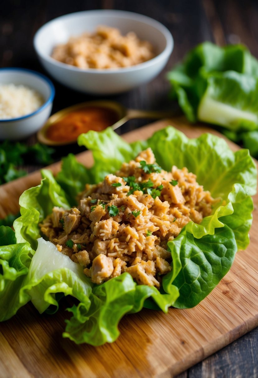 A cutting board with minced chicken, lettuce, and ingredients for lettuce wraps