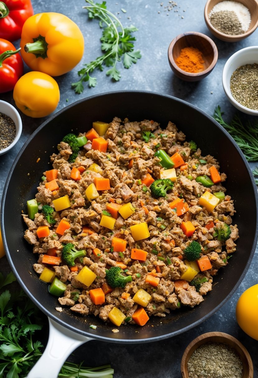 A skillet sizzling with ground turkey and colorful vegetables, surrounded by a variety of herbs and spices