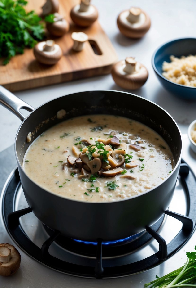 A pot of creamy minced mushroom soup simmers on a stovetop, surrounded by fresh mushrooms, a cutting board, and a bowl of minced ingredients