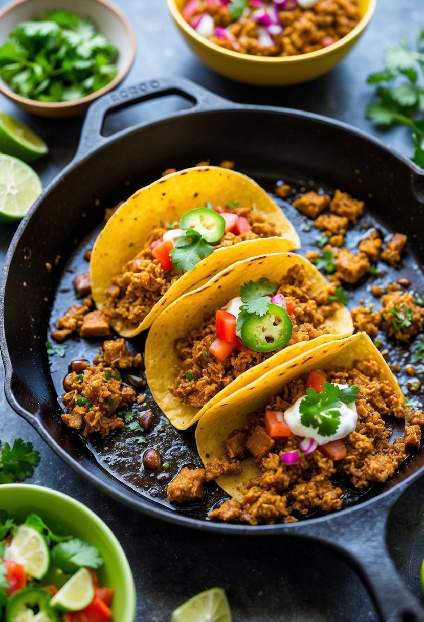 A sizzling skillet of savory minced pork tacos, surrounded by colorful ingredients and garnishes