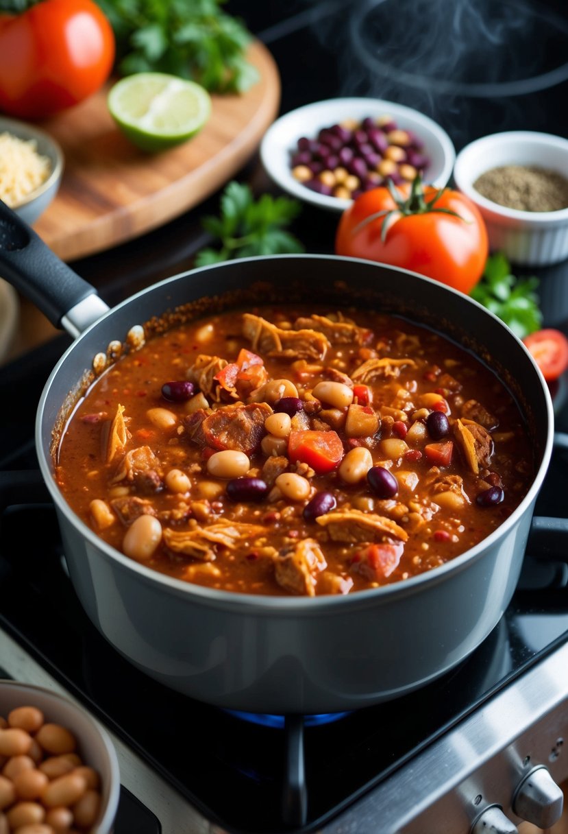 A simmering pot of spicy turkey chili on a stovetop, surrounded by ingredients like beans, tomatoes, and spices