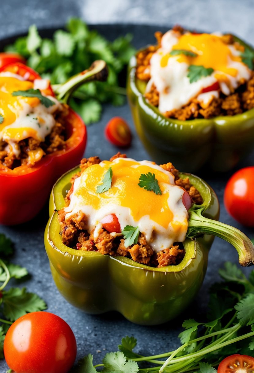 Stuffed peppers filled with seasoned ground turkey, topped with melted cheese, and surrounded by fresh ingredients like tomatoes and cilantro