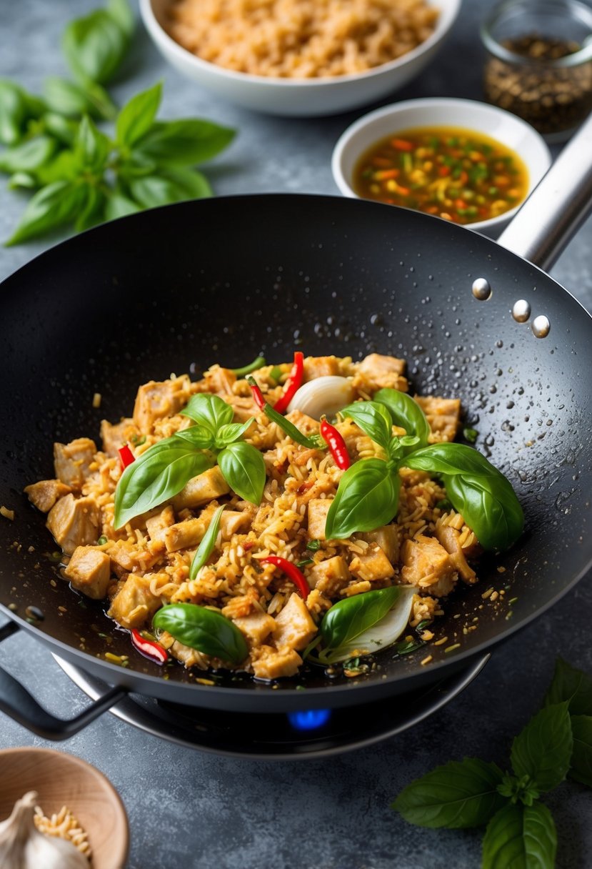 A sizzling wok cooks Thai basil minced chicken with garlic, chili, and fish sauce. Fresh herbs and spices wait nearby