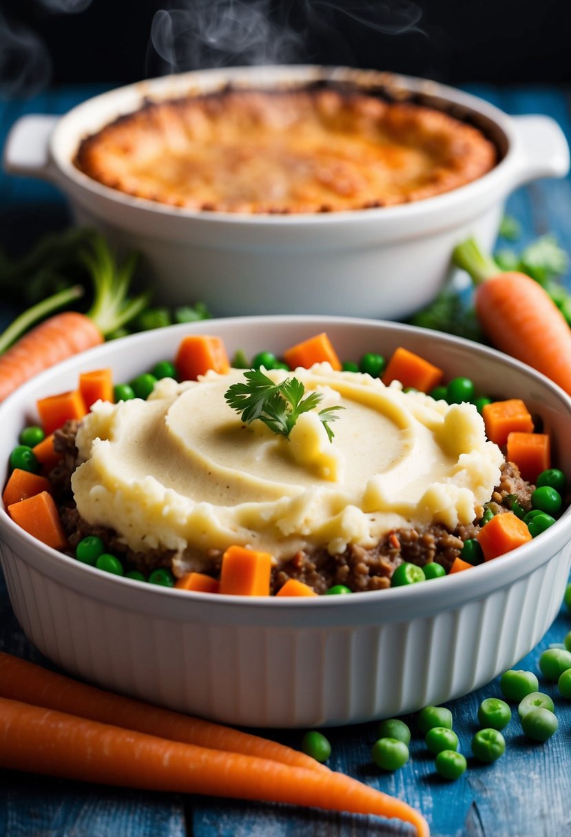 A steaming dish of shepherd's pie topped with creamy mashed potatoes, surrounded by carrots, peas, and a golden-brown crust