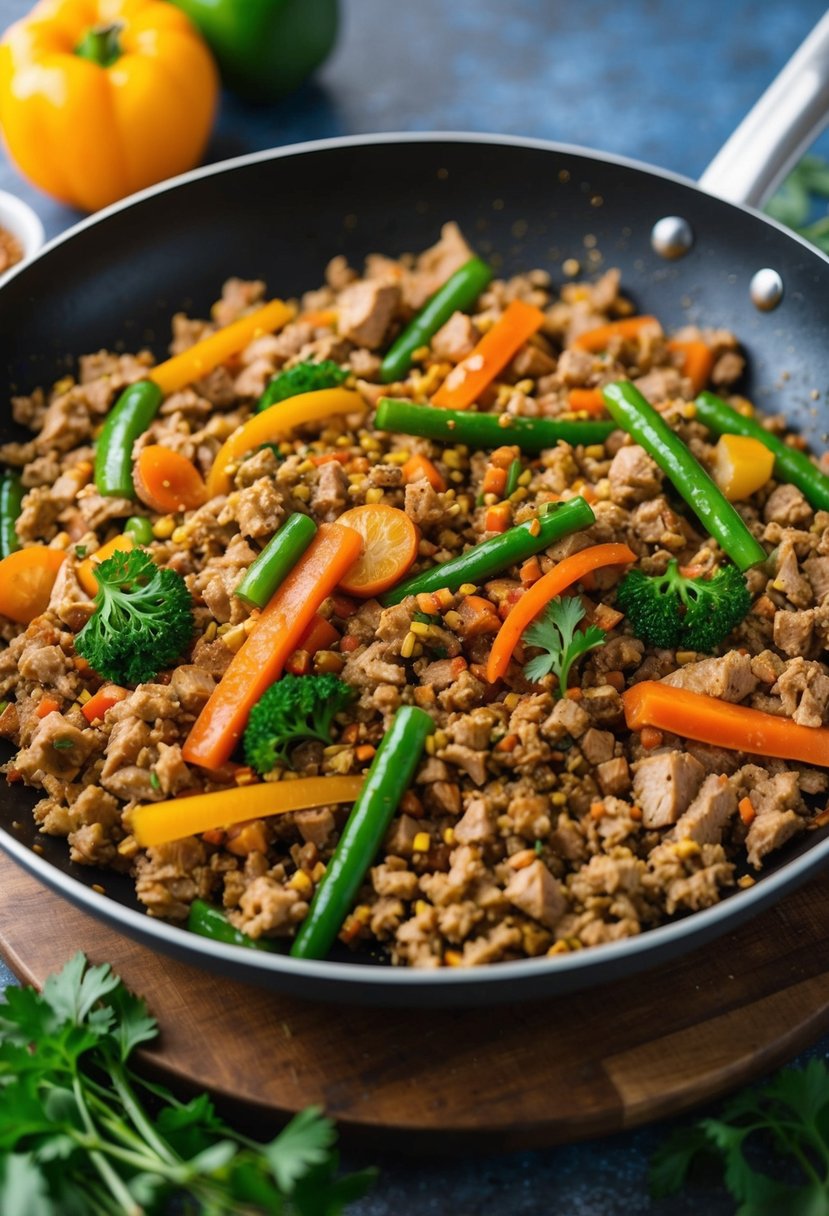 A sizzling pan of ground turkey stir-fry with colorful vegetables and aromatic spices