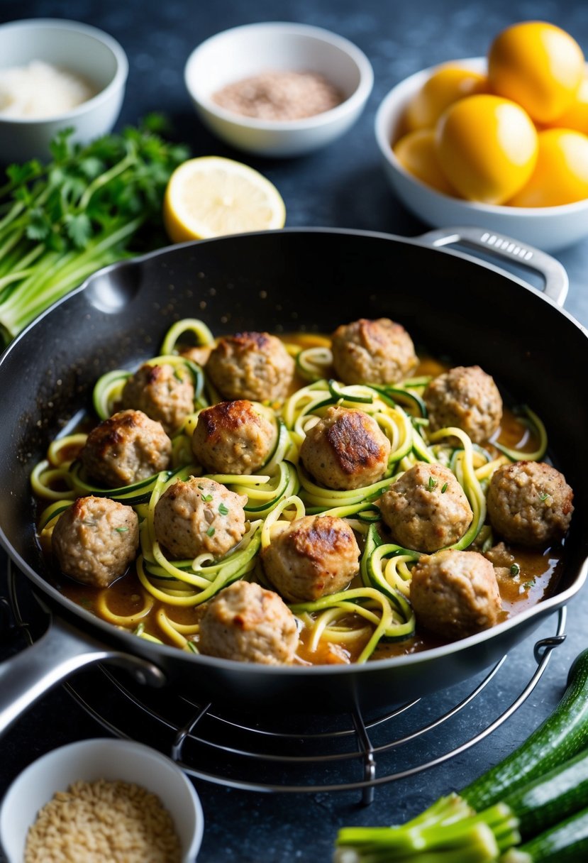 A skillet sizzling with turkey meatballs and zucchini noodles, surrounded by ingredients for a healthy dinner