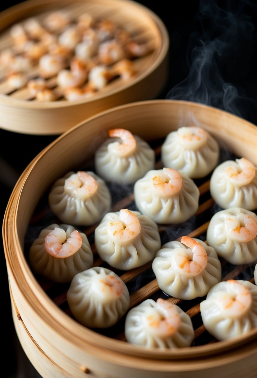 A bamboo steamer filled with steaming minced shrimp dumplings