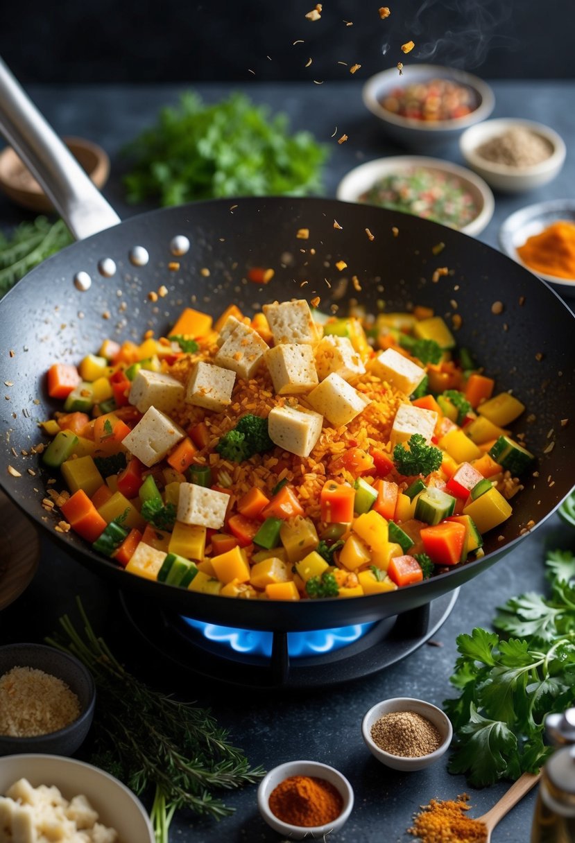 A sizzling wok filled with colorful diced vegetables and crumbled tofu, surrounded by an array of aromatic spices and herbs