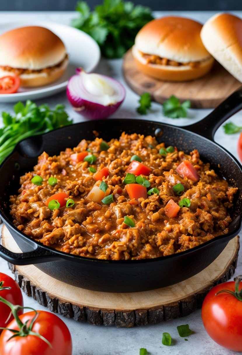 A sizzling skillet of BBQ turkey sloppy joe filling, surrounded by fresh ingredients like tomatoes, onions, and buns