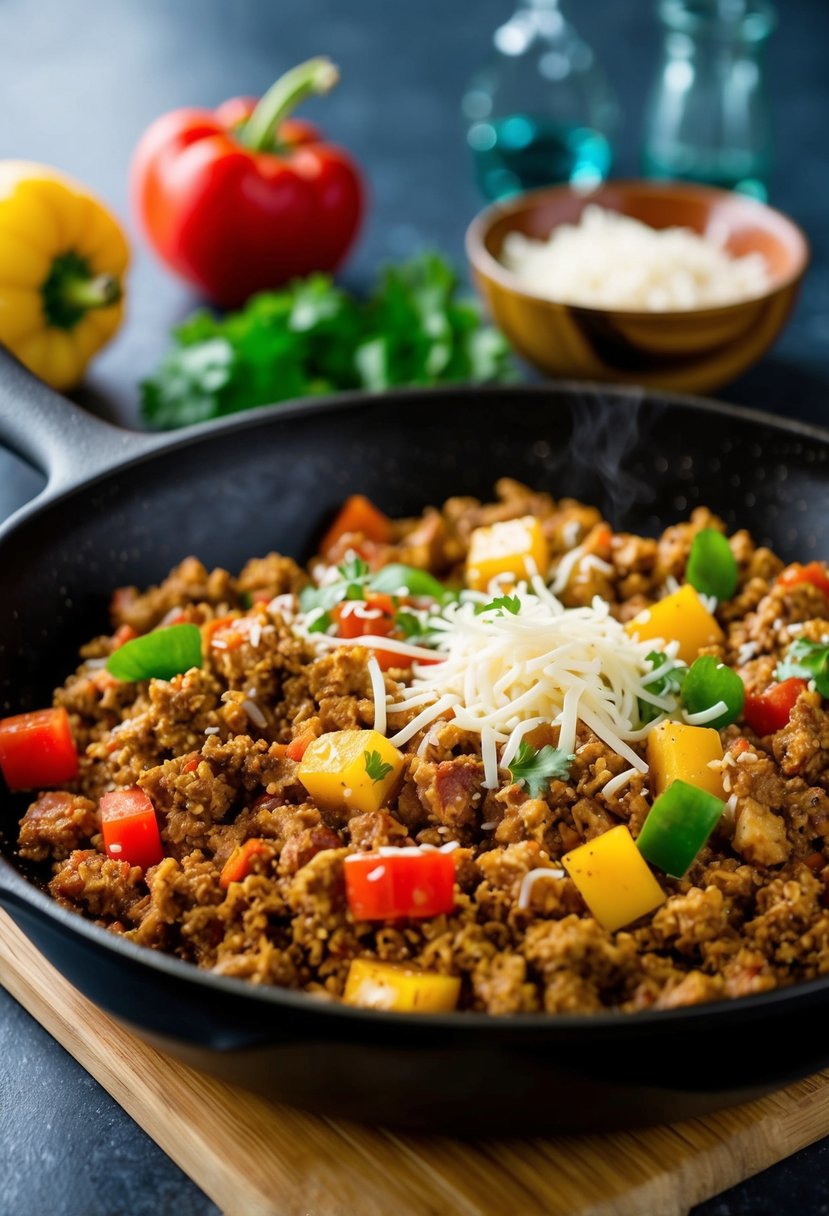 A sizzling skillet with Tex-Mex seasoned ground turkey, colorful veggies, and a sprinkle of cheese