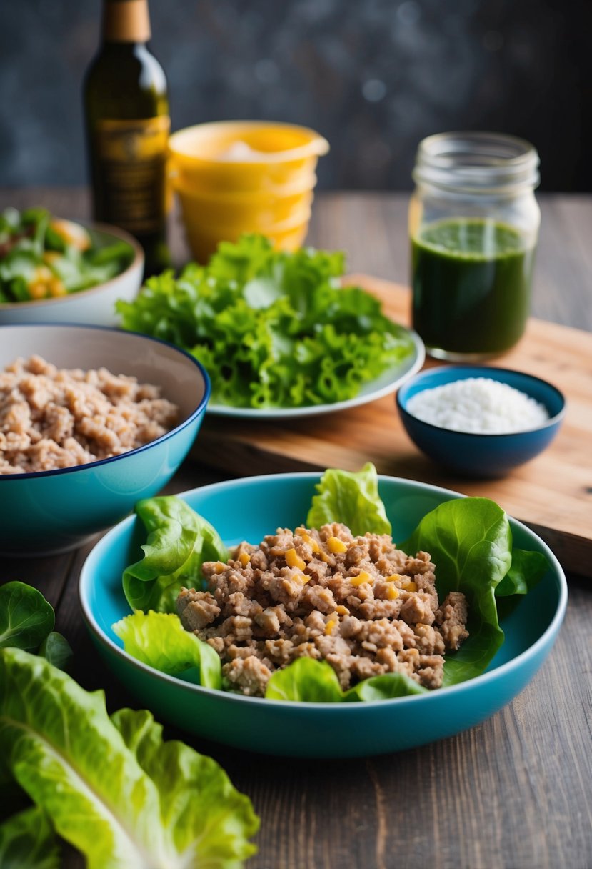 A table set with ingredients: ground turkey, lettuce, and other items for making turkey lettuce wraps