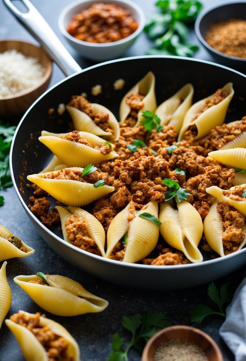 A pan of stuffed pasta shells filled with Italian-seasoned ground turkey, surrounded by various cooking ingredients