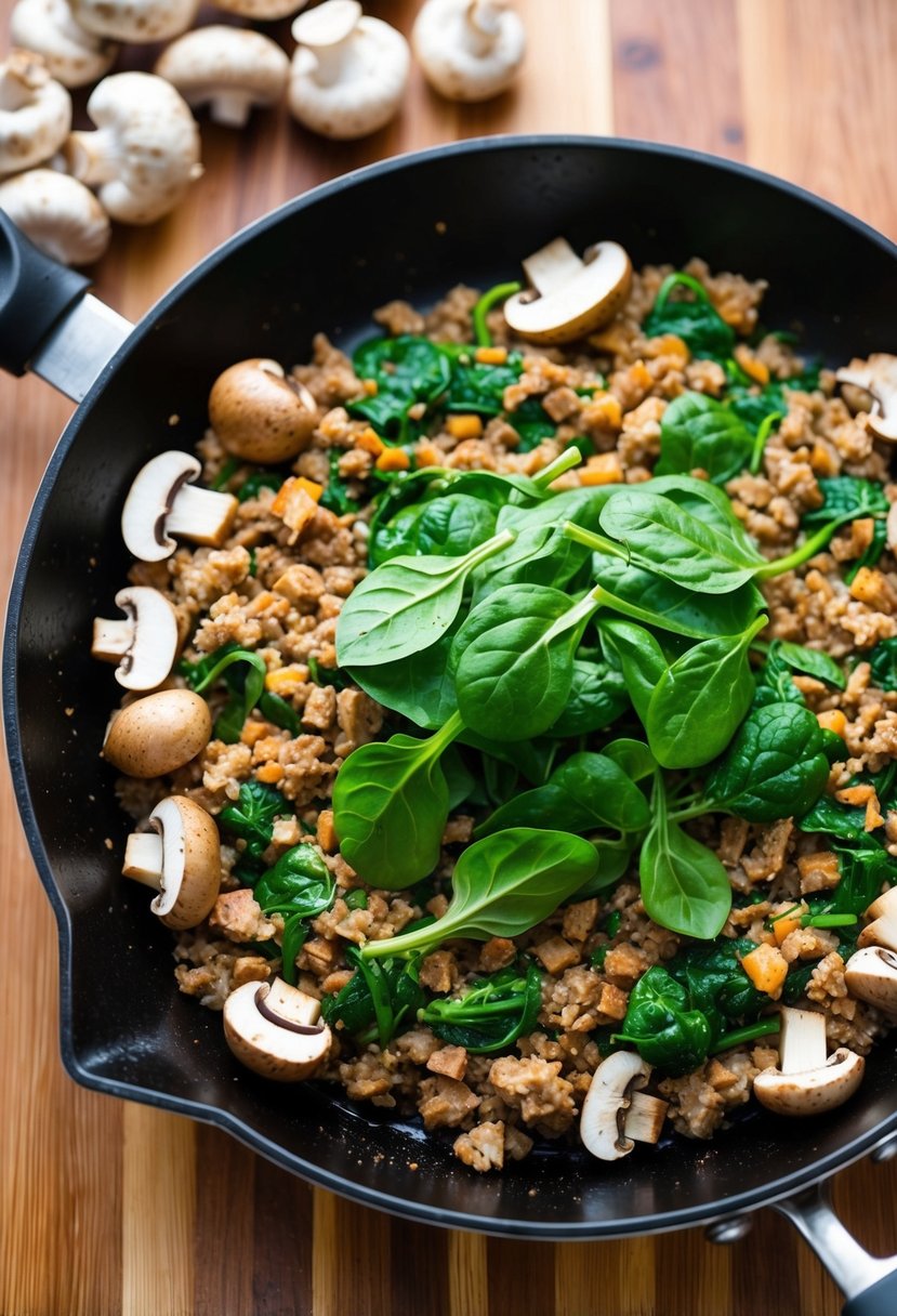 A skillet sizzling with ground turkey and spinach, surrounded by a pile of fresh mushrooms ready to be stuffed