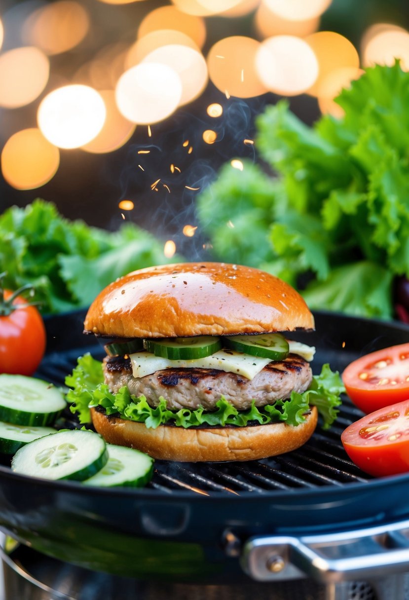 A sizzling Greek turkey burger cooking on a grill, surrounded by fresh ingredients like lettuce, tomato, and cucumber