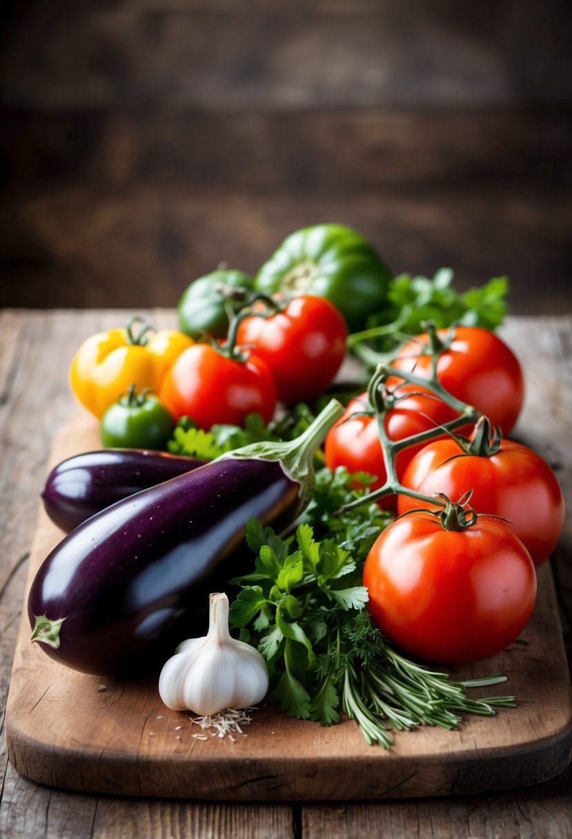 A colorful array of fresh eggplants, tomatoes, garlic, and herbs on a rustic wooden cutting board